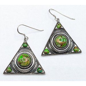Green Copper Composite Mojave Turquoise Sterling Silver Triangular 925 Earrings